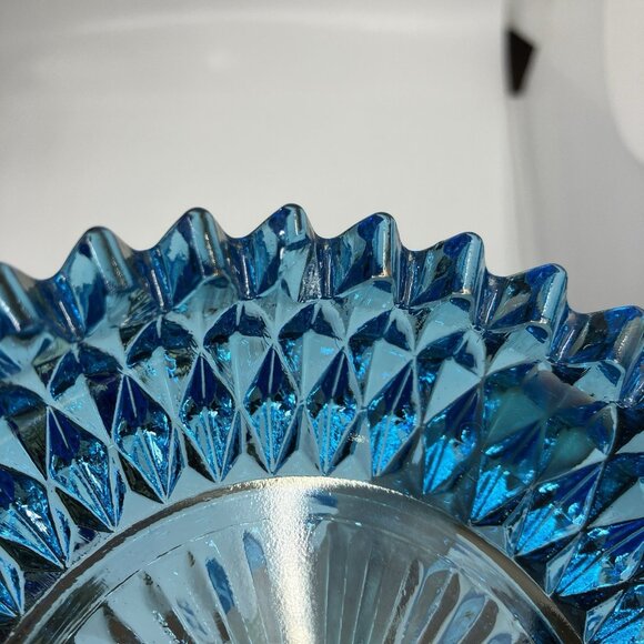 Indiana Glass Diamond Point Aqua Glass Powder Candy Dish With Lid Metal Handle - Picture 8 of 14